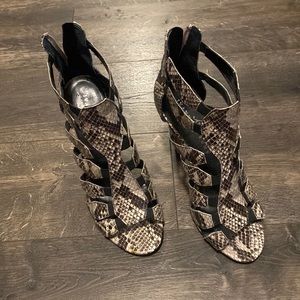 Caged snakeskin heeled sandals